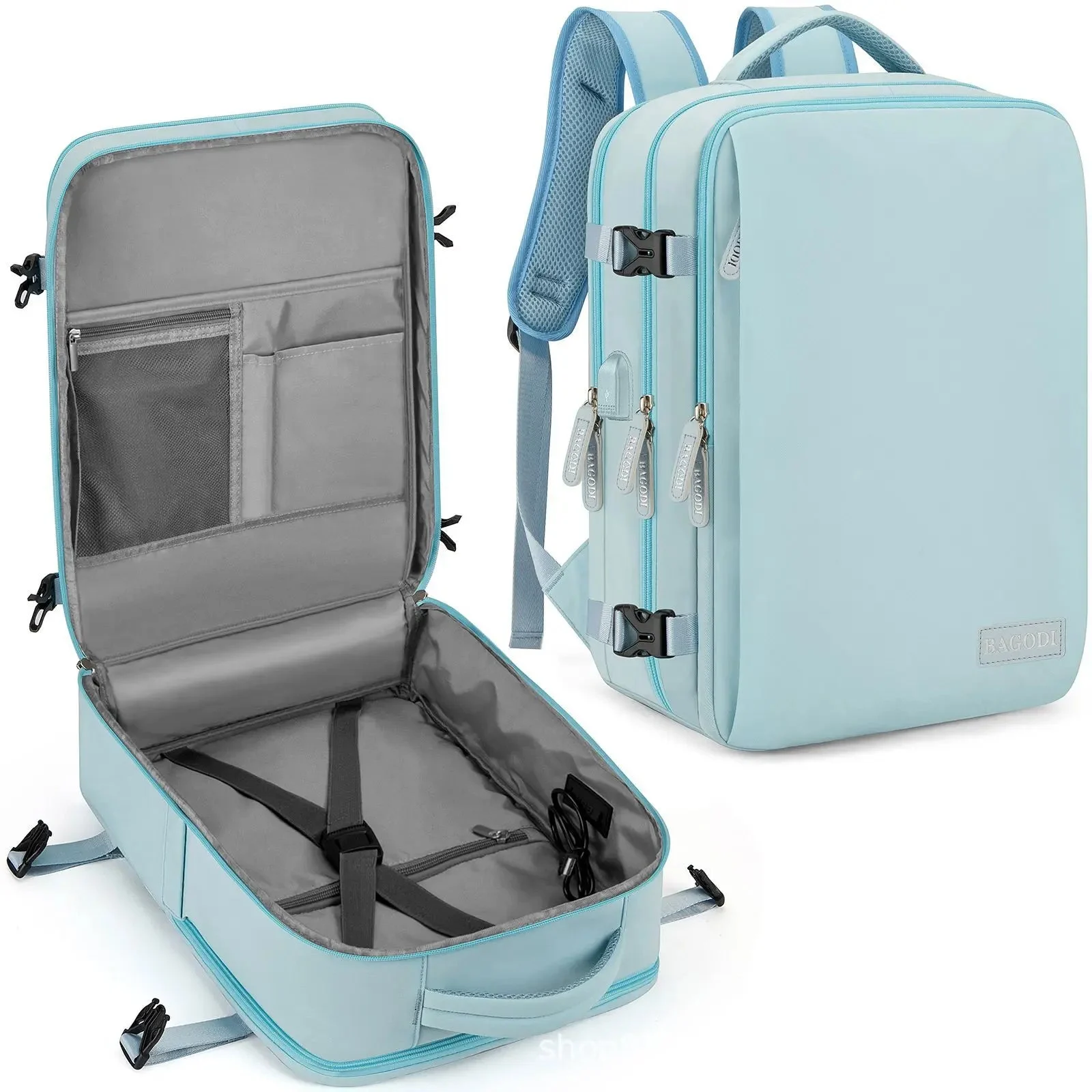 Blauer Handgepäck Rucksack 45x20x30 cm für EasyJet mit Laptopfach und Schuhfach, von vorne und seitlich