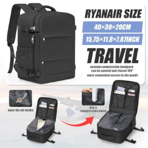 Schwarzer Handgepäck Rucksack 20-35L für Reisen, von vorne und seitlich Ansicht