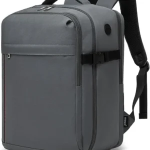 Grauer Handgepäck Rucksack 24L für Reisen, offen und geschlossen, mit Laptopfach und Fächern