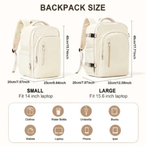 Eleganter Handgepäck Rucksack in Beige, ideal für Reisen mit Laptopfach und vielen Fächern.