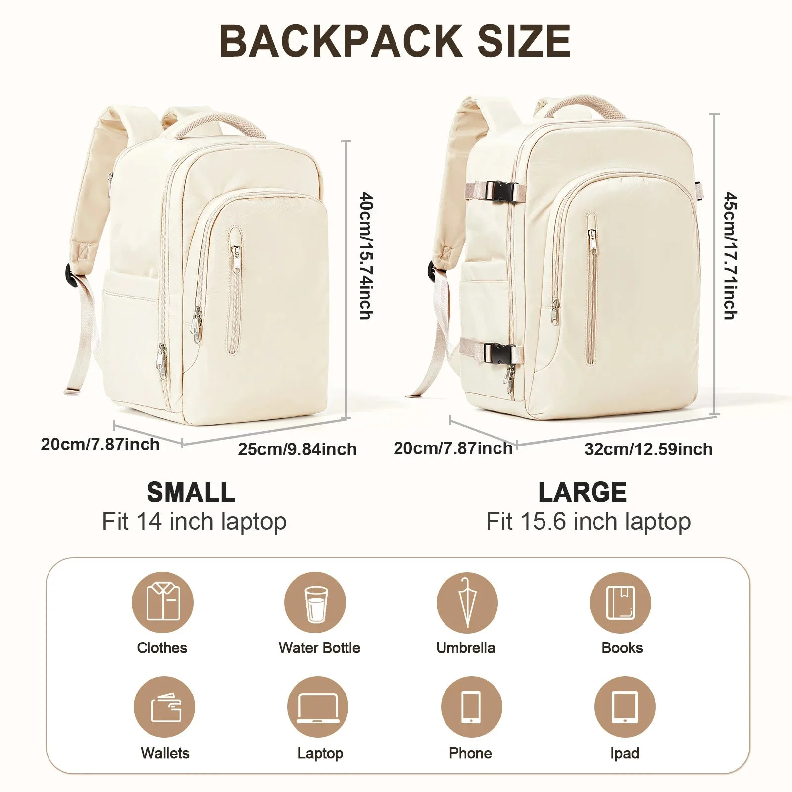 Eleganter Handgepäck Rucksack in Beige, ideal für Reisen mit Laptopfach und vielen Fächern.