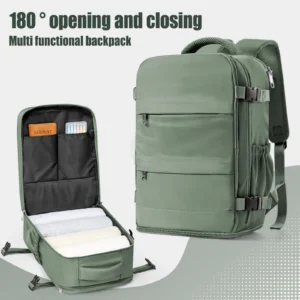Ein olivgrüner Handgepäck Rucksack (20-35L) von vorne, bereit für die nächste Reise.