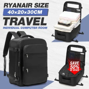 Handgepäck Rucksack in Schwarz aus Nylon, ideal für Reisen mit Laptopfach und verschiedenen Innenfächern.