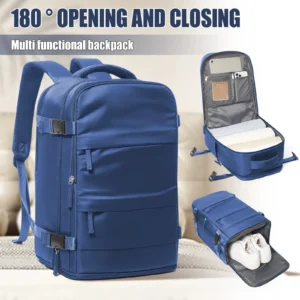 Handgepäck Rucksack in Dunkelblau, ideal für Reisen und als flexibler Begleiter.