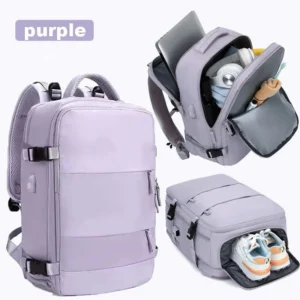 Lila Handgepäck Rucksack 20-35L für Flugreisen, offen mit verschiedenen Fächern für Laptop und Schuhe