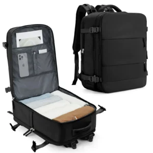 Schwarzer Handgepäck Rucksack offen und geschlossen mit vielen Fächern und Laptopfach