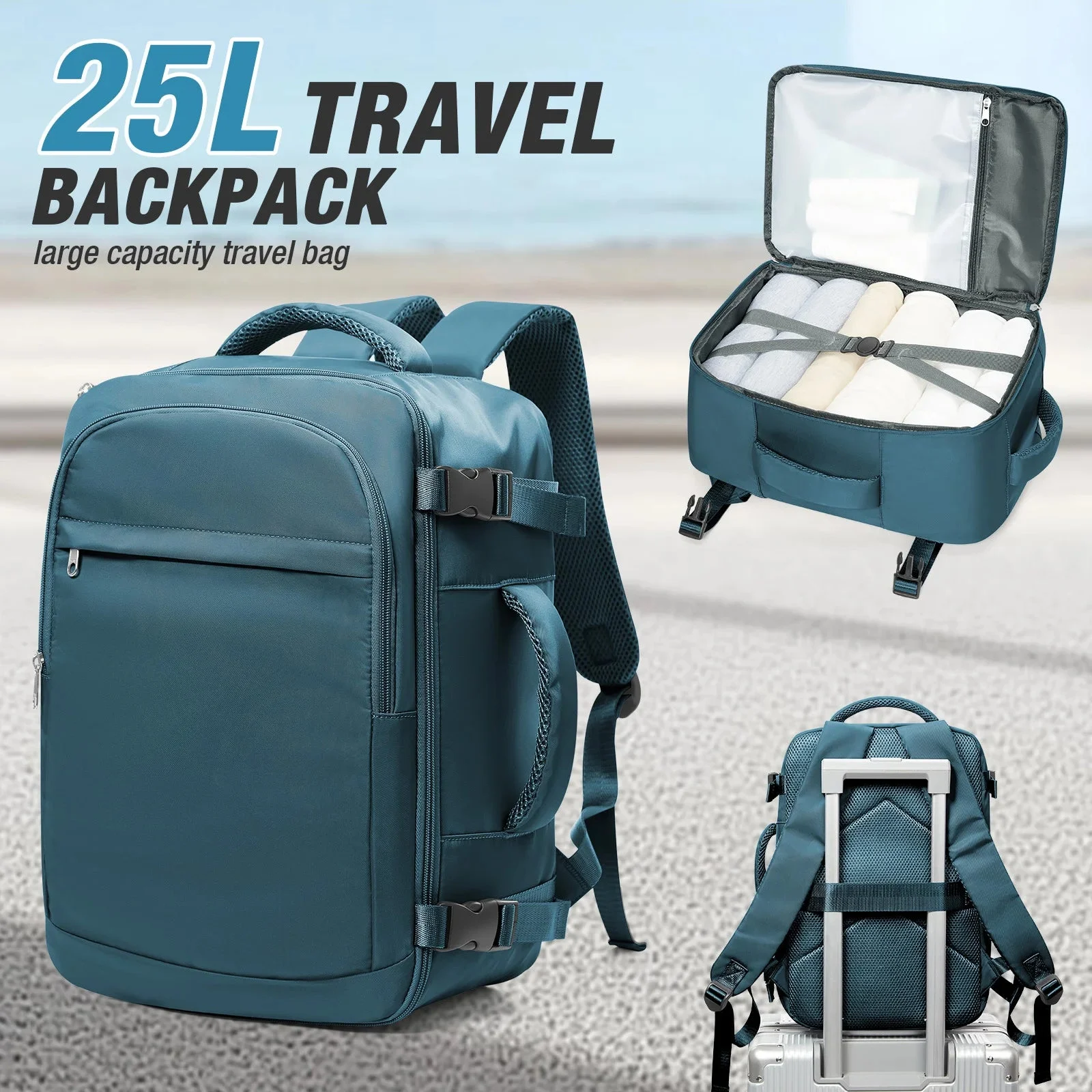 Handgepäck Rucksack in Petrol mit 20-35L Volumen, bereit für die nächste Reise