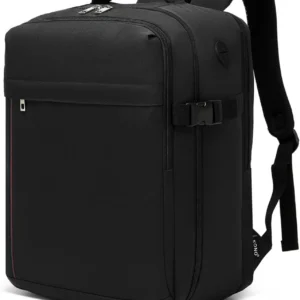 Schwarzer Handgepäck Rucksack 24L, perfekt für Eurowings, auf weißem Hintergrund, von vorne und seitlich