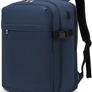 Blauer Handgepäck Rucksack 24L von vorne und im Detail, perfekt für Eurowings Flüge.