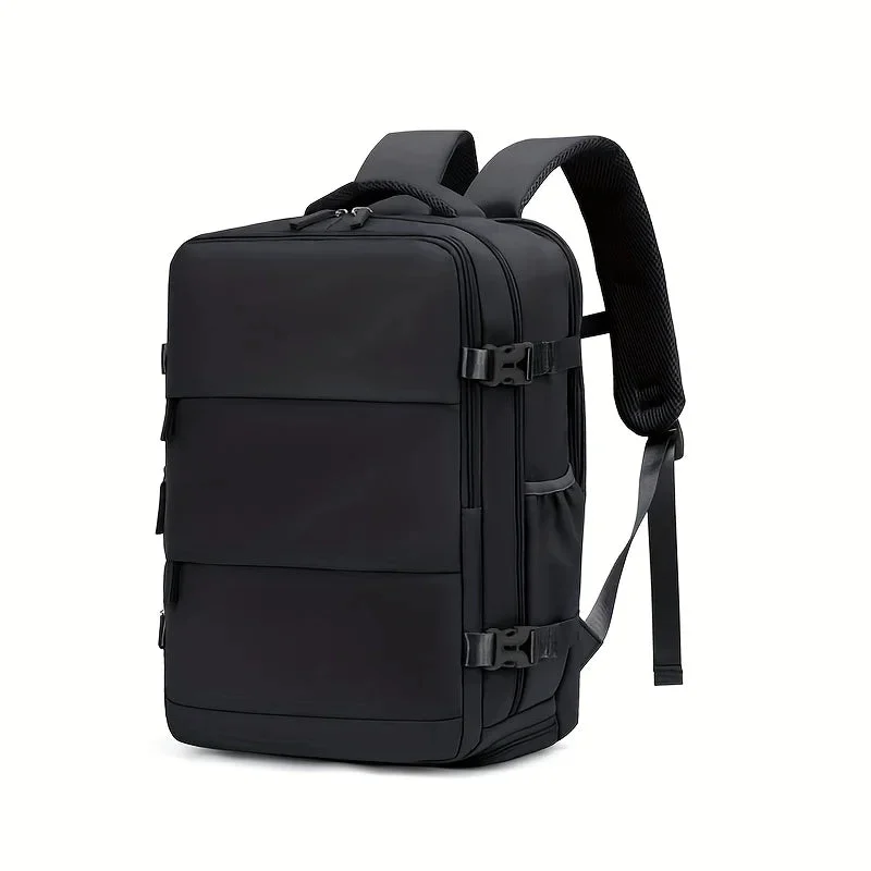 Schwarzer Handgepäck Rucksack 40x30x20 cm für Ryanair-Reisen, auf einem neutralen Hintergrund liegend
