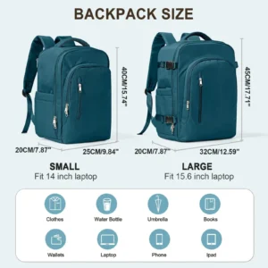 Handgepäck Rucksack in Petrol, geöffnet mit Laptop und Fächern, von vorne und seitlich auf einem neutralen Hintergrund.