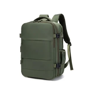 Olivgrüner Handgepäck Rucksack 40x30x20 cm, von vorne mit Reißverschluss-Fächern